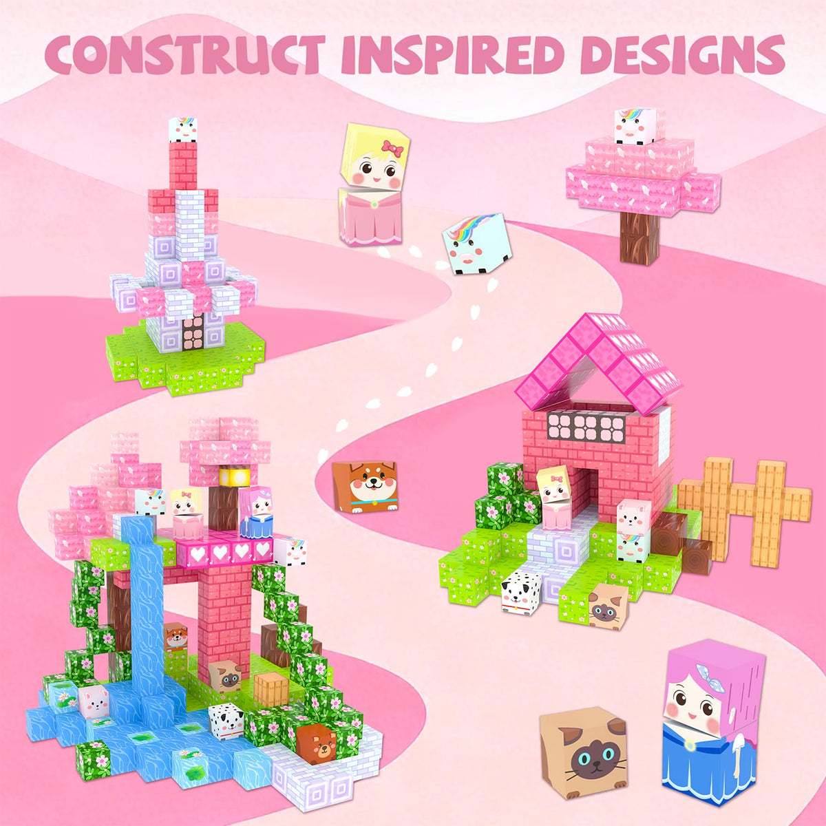 Winchoice dreamy pink wonderland patterns colorful blocks for storytelling and pretend play.