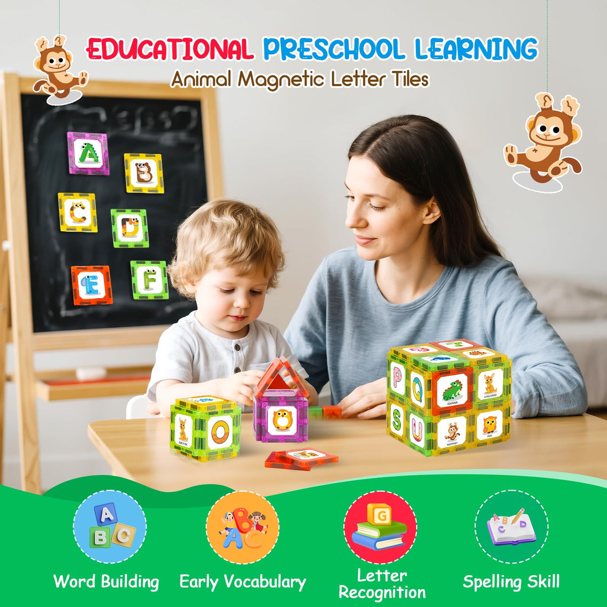 Windidi letters tiles closeup letters help kids learn shapes and sounds.