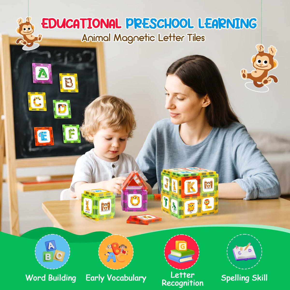Windidi magnetic tiles showing a dog with letter D for animal-word learning.