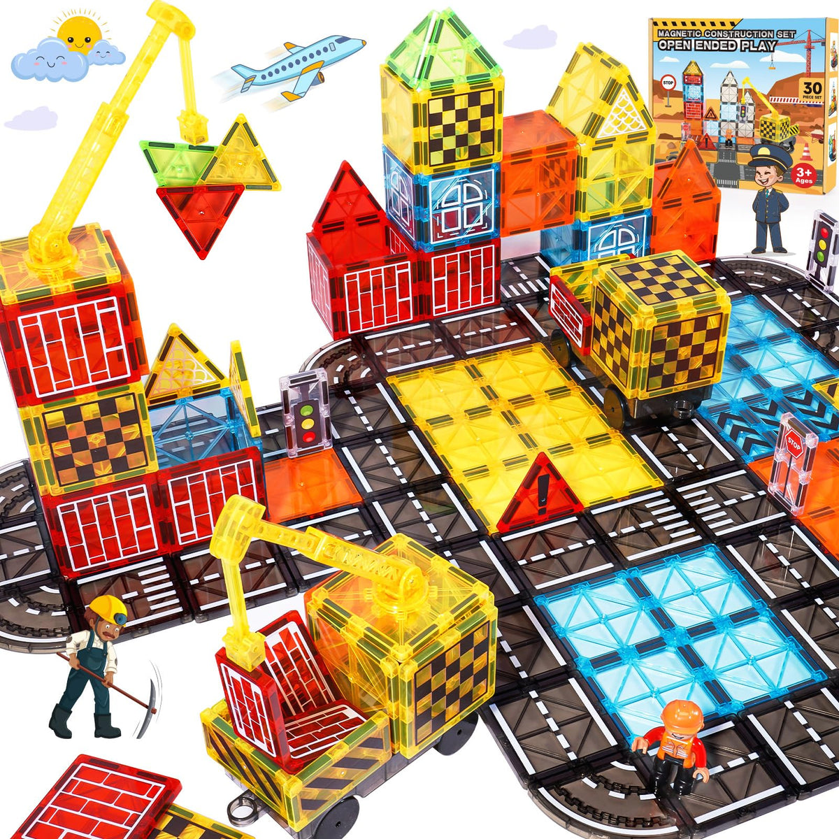 Windidi magnetic tiles road set crane boosts imaginative play and fine motor skills.