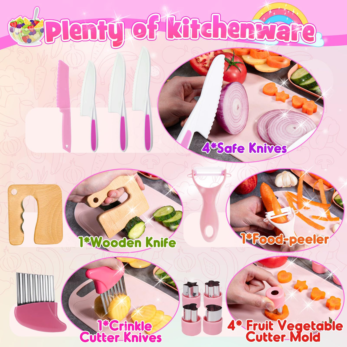 Windidi wooden knife and peeler set enhances safe pretend cooking.