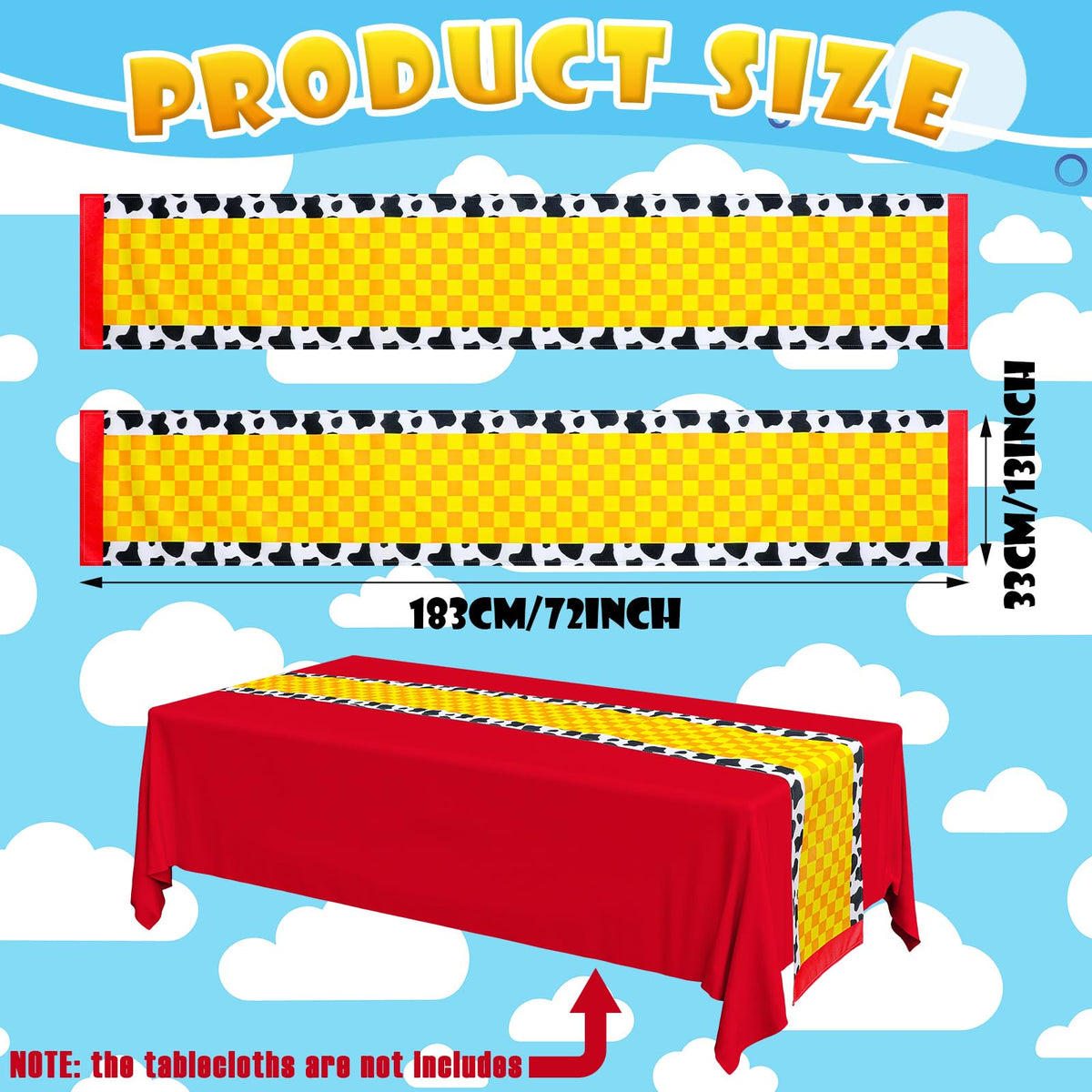 Windkream linen table runner protects surfaces and enhances party tables with cartoon designs.