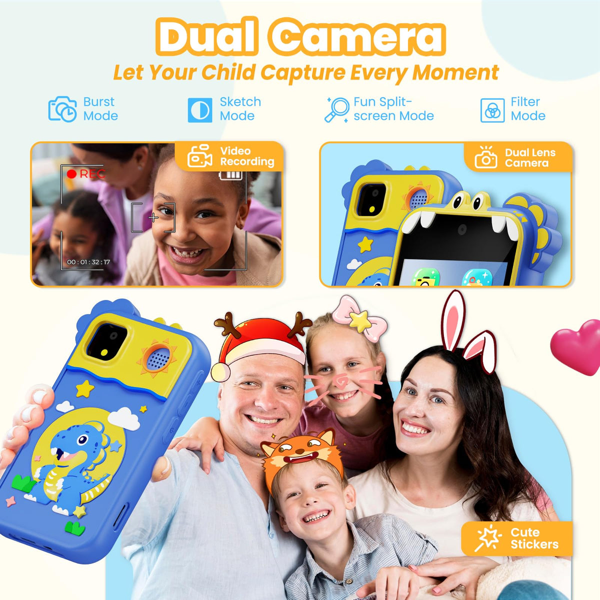 Windpaint Kids Phone blue camera view demonstrates dual cameras for memories