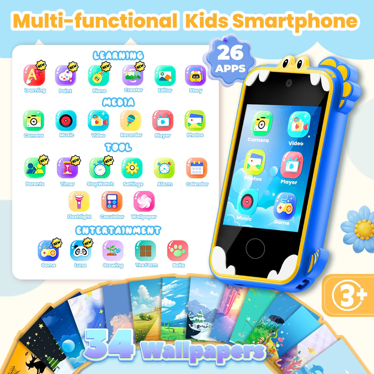 Windpaint Kids Phone blue screen close-up shows kid-friendly interface