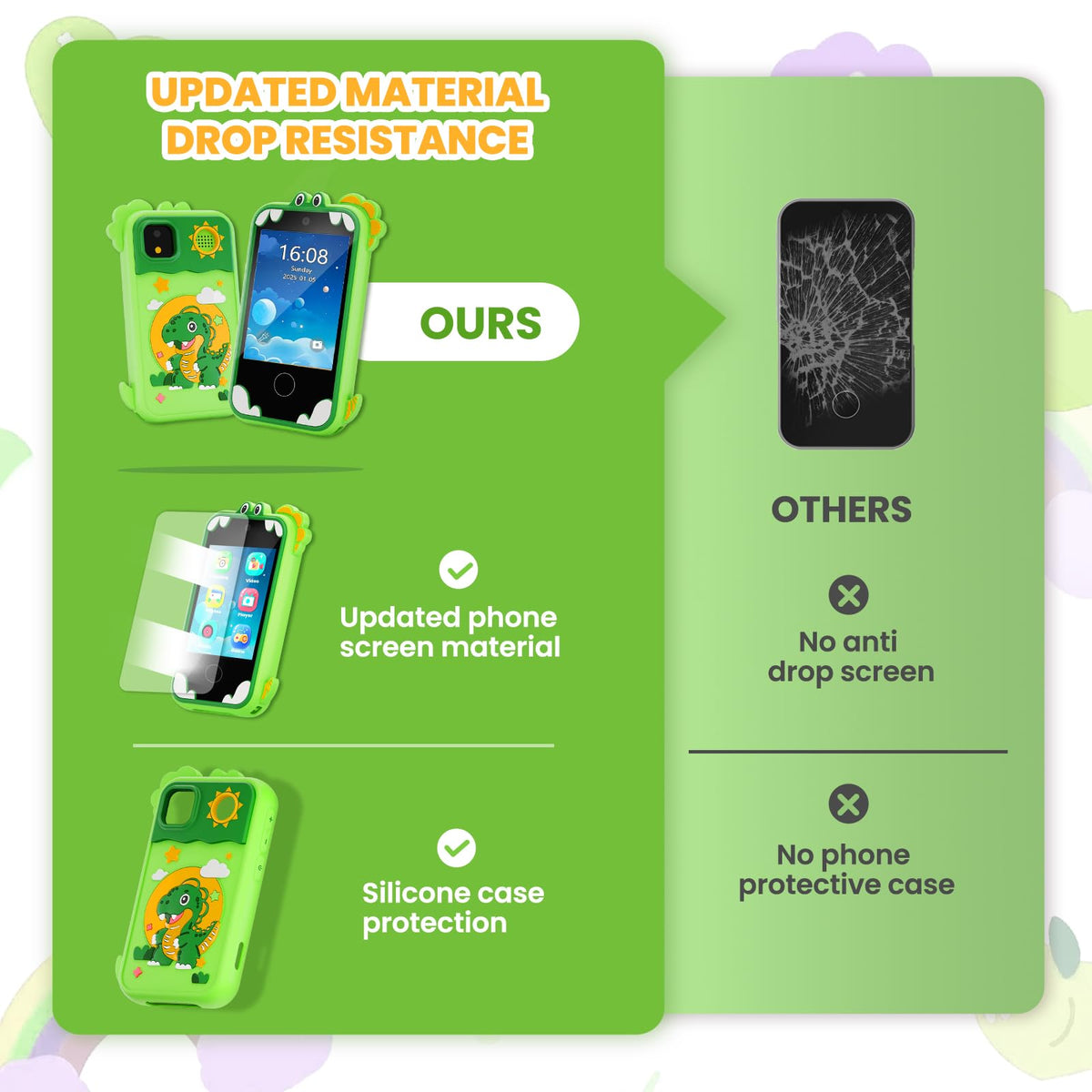 Windpaint Kids Phone Green 8GB storage supports photos and videos.