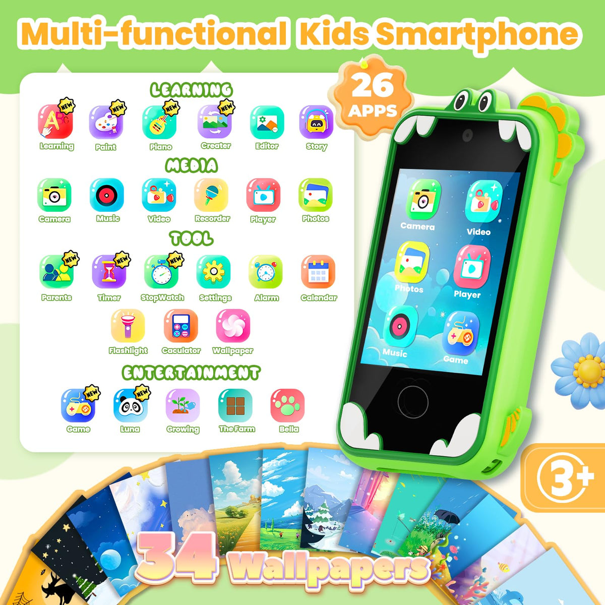 Windpaint Kids Phone Green educational games expand early literacy and math skills.
