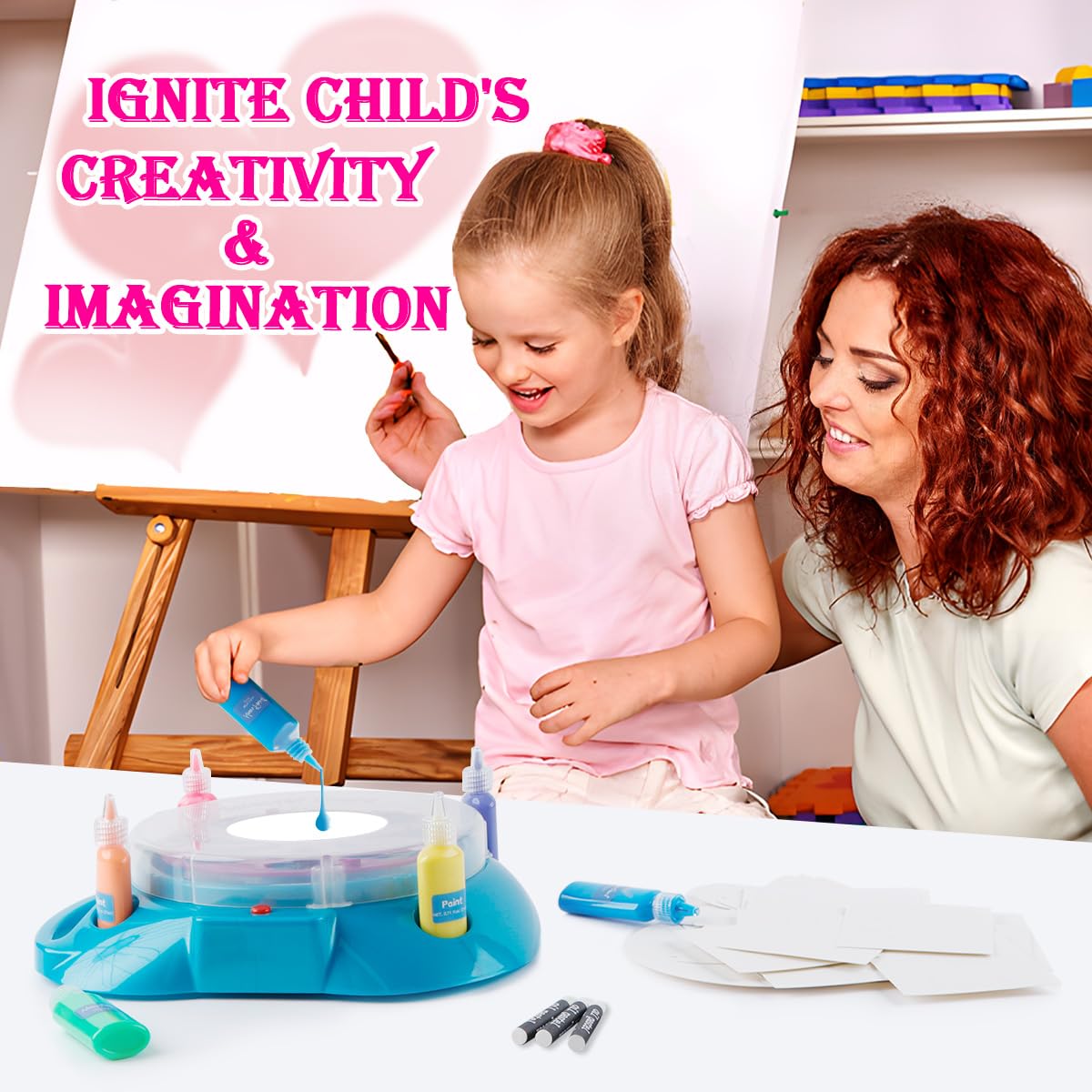 Wings Giant Spin Art kid crafting setup shows assembly in use.