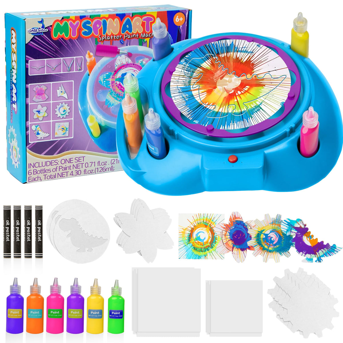 Wings Giant spin-art machine variable speed delivers vibrant, customizable patterns for kids' art time.