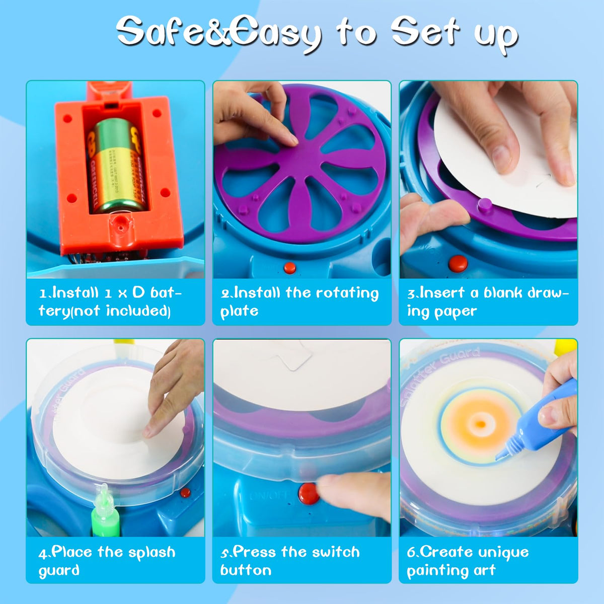 Wings Giant washable paints allow easy cleanup after lively spin art sessions.