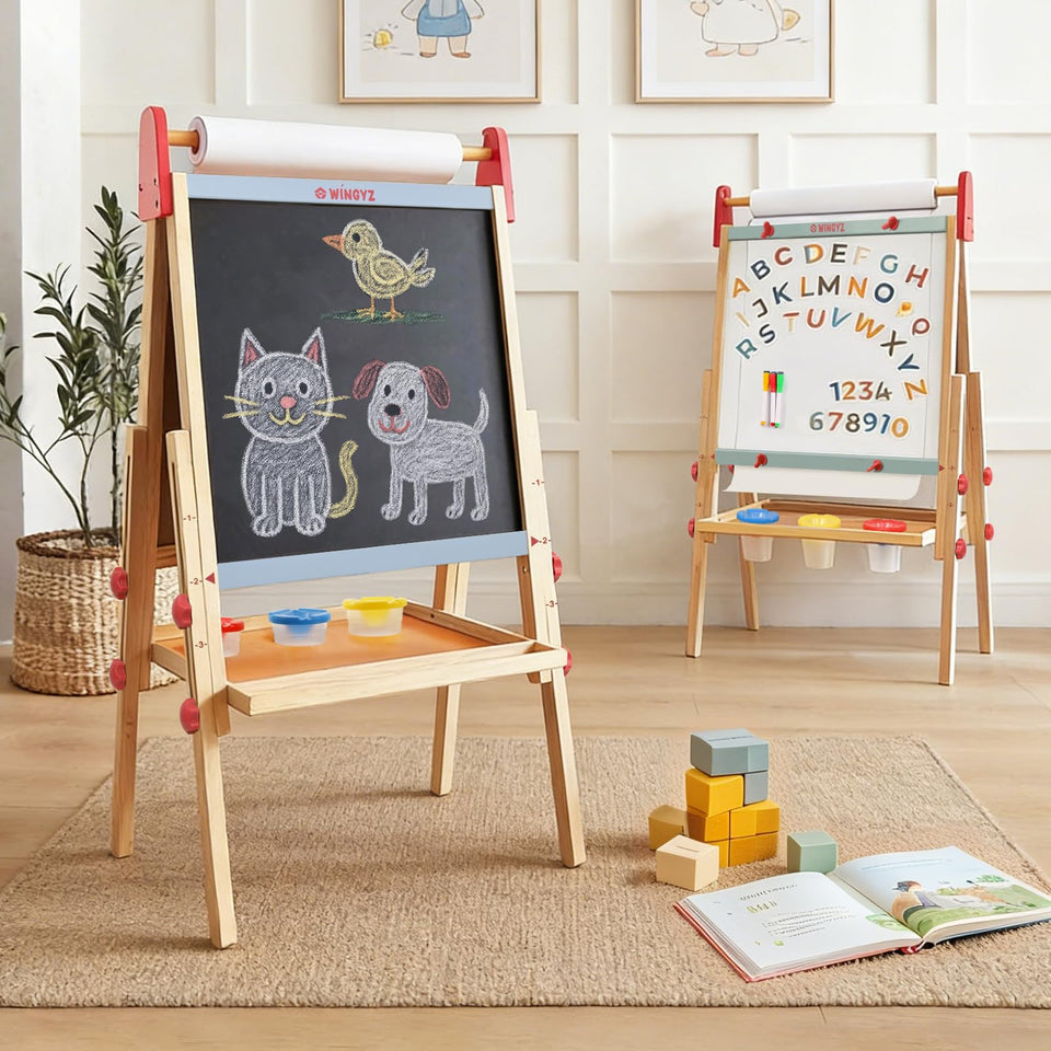 WINGYZ 3-in-1 easel with magnetic whiteboard for marker sketches