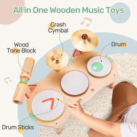 WINGYZ wooden musical toy drum kit shows Morandi cat design with soft sound.