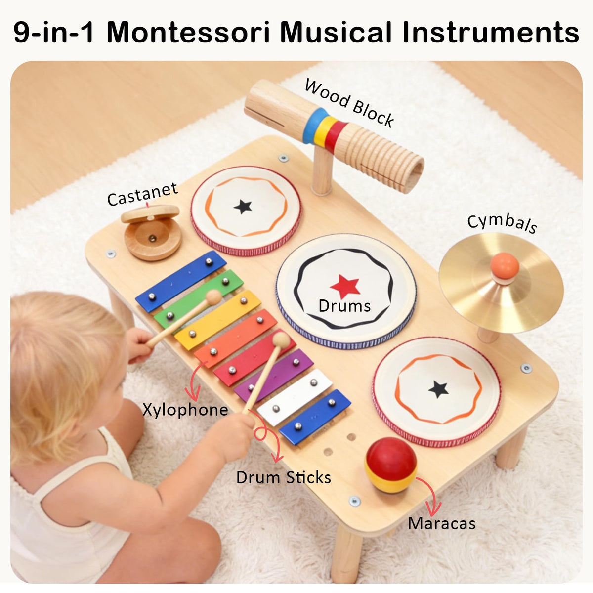 WINGYZ wooden toddler drum set with safety-rounded edges for gentle play