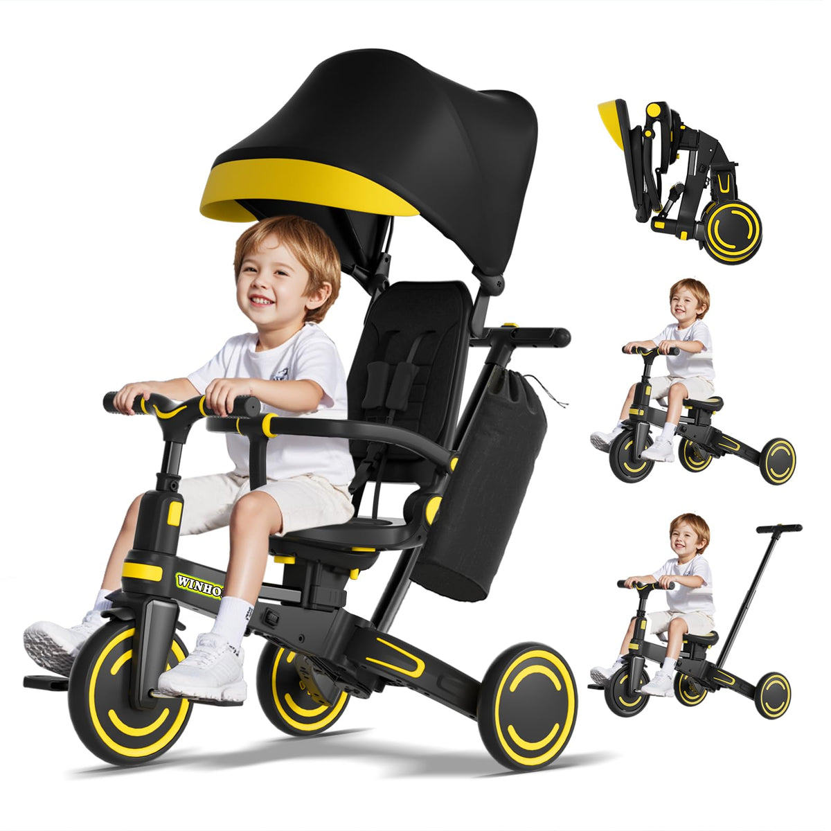 WinHope 9-in-1 push tricycle folding design for easy storage and travel.