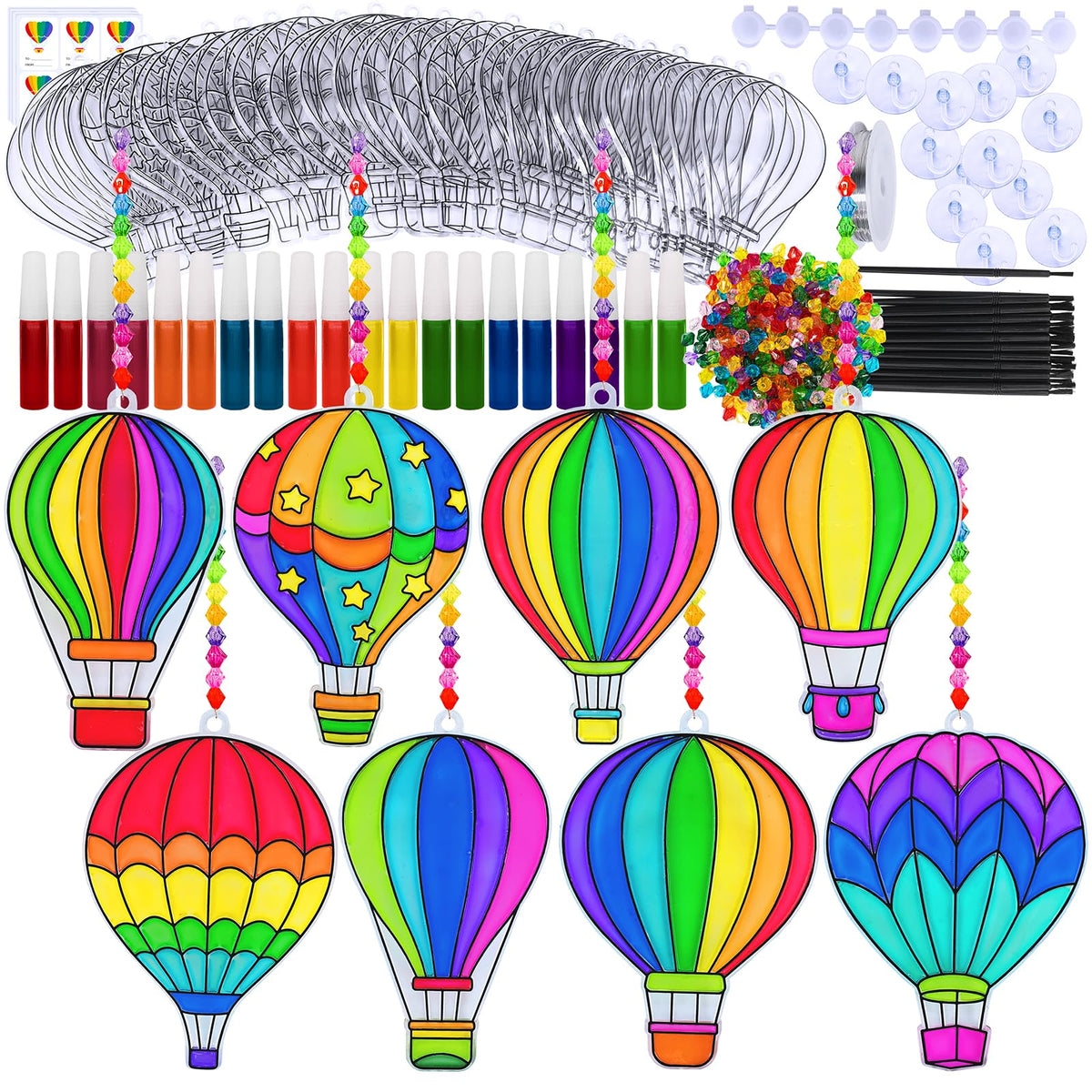 Winlyn hot air balloon suncatchers kit with 24 shapes for vibrant, sun-catching window art.