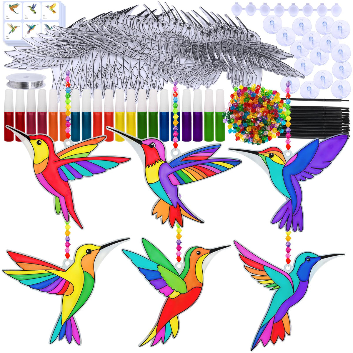 Winlyn hummingbird suncatcher kit contents for kids' window art projects.