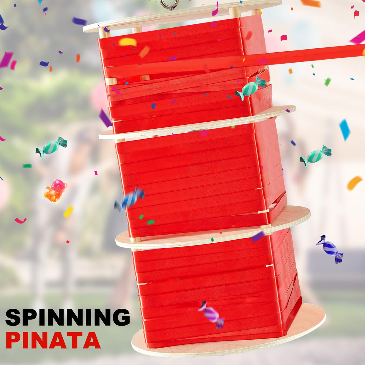 WinnerWhy Spinning Piñata used for gender reveal with elegant natural wood finish