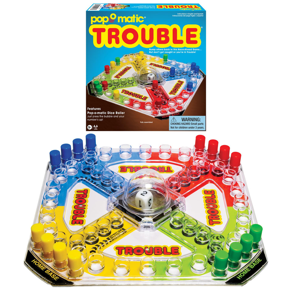 Winning Moves Classic Trouble board with Pop-O-Matic die roller supports quick family play.