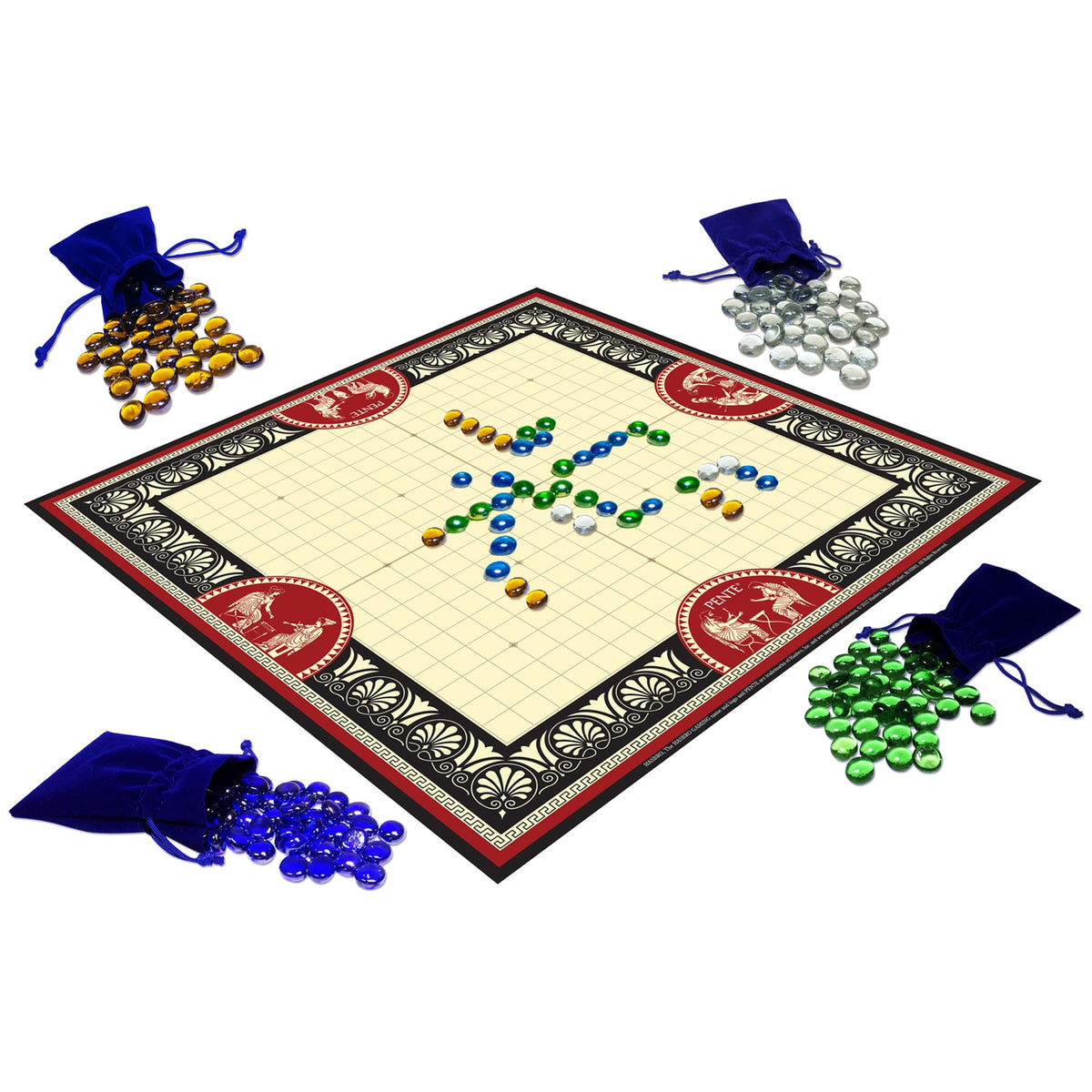 Winning Moves Deluxe Pente glass stones set in four colors for durable, colorful play.