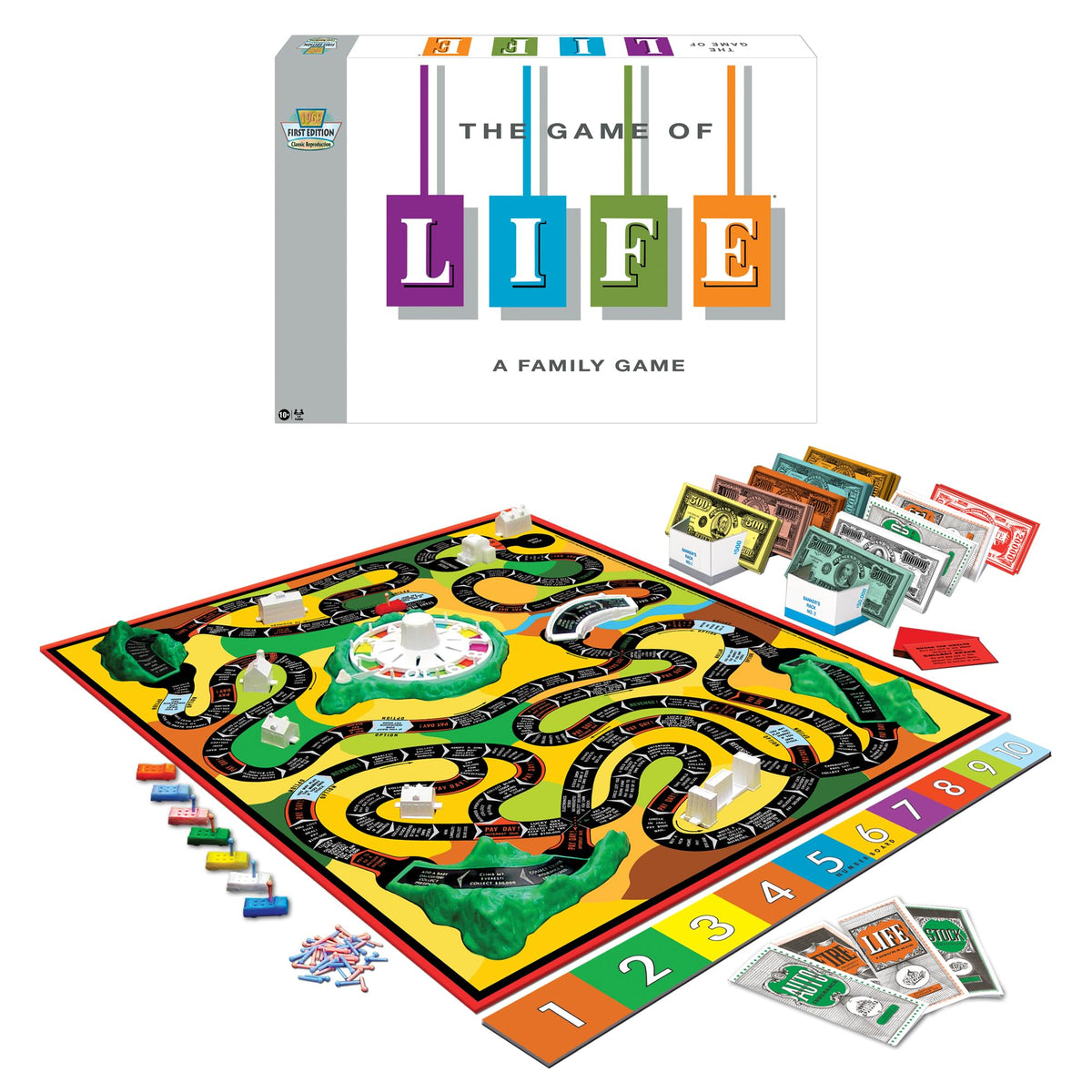 Winning Moves Game of Life 1960 edition board with mountains for nostalgic family play.