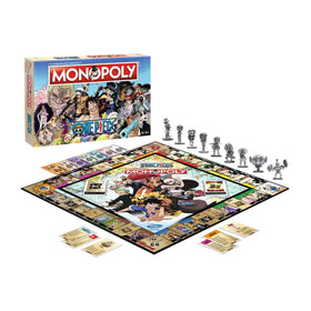 Winning Moves One Piece Monopoly chest and cards show rewards and surprises during gameplay.