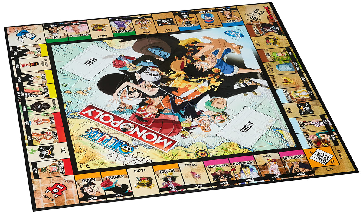 Winning Moves One Piece Monopoly Dressrosa scene highlights setting and character tie-ins.