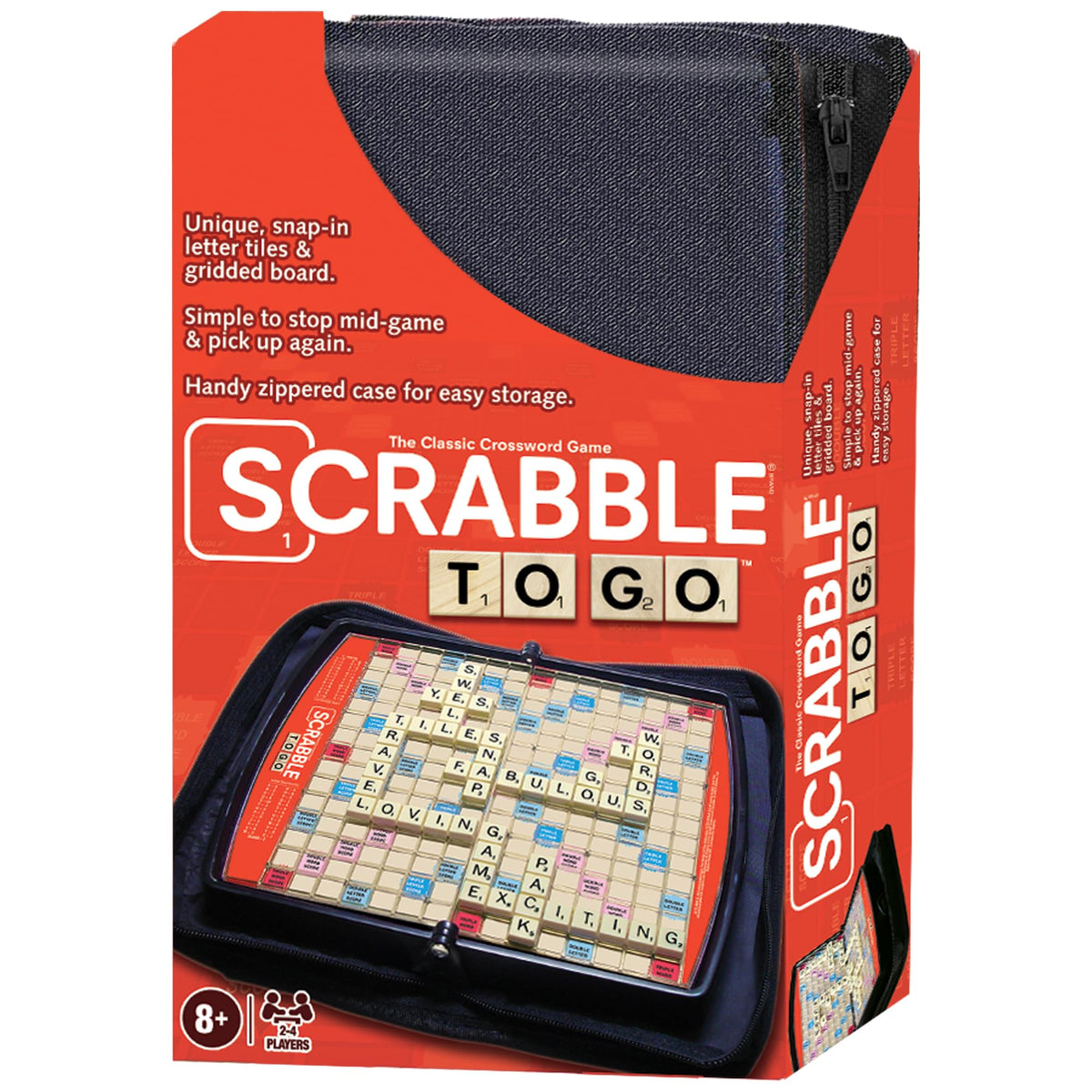 Winning Moves Scrabble To Go board open, compact travel design for on-the-go play.