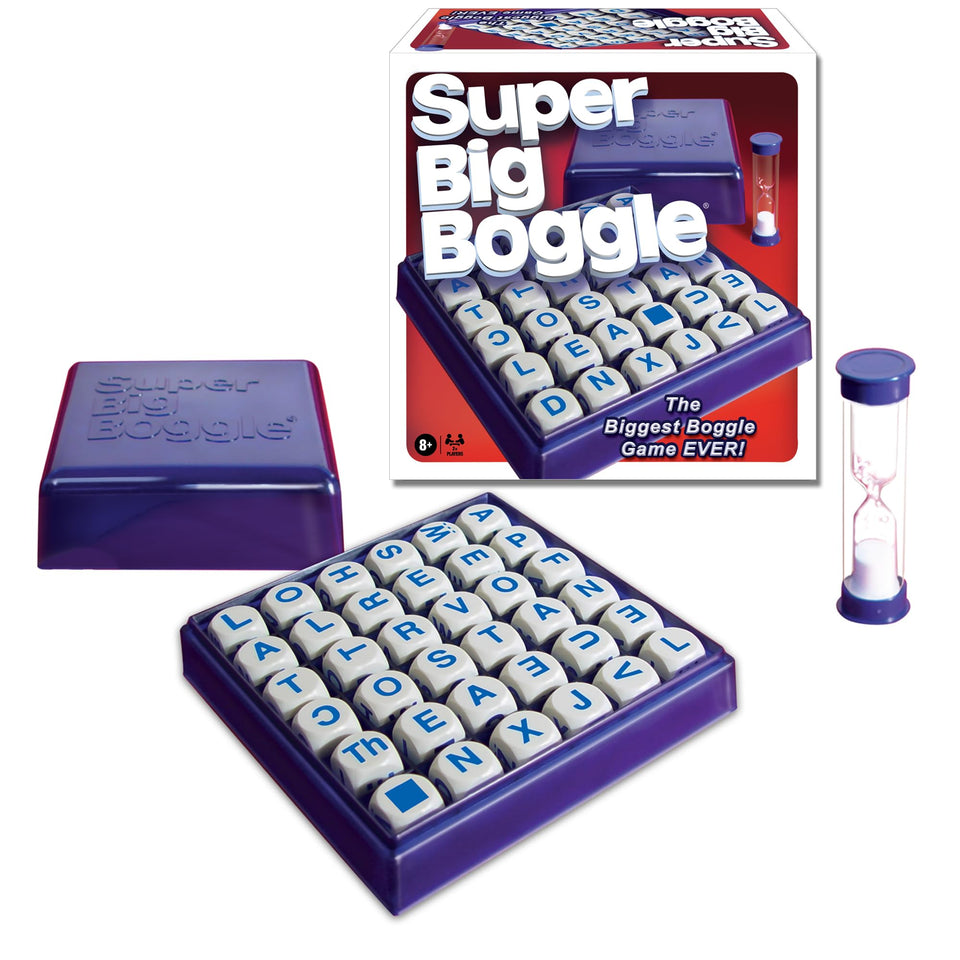 Winning Moves Super Big Boggle 6x6 grid with 36 letter cubes for word challenges.