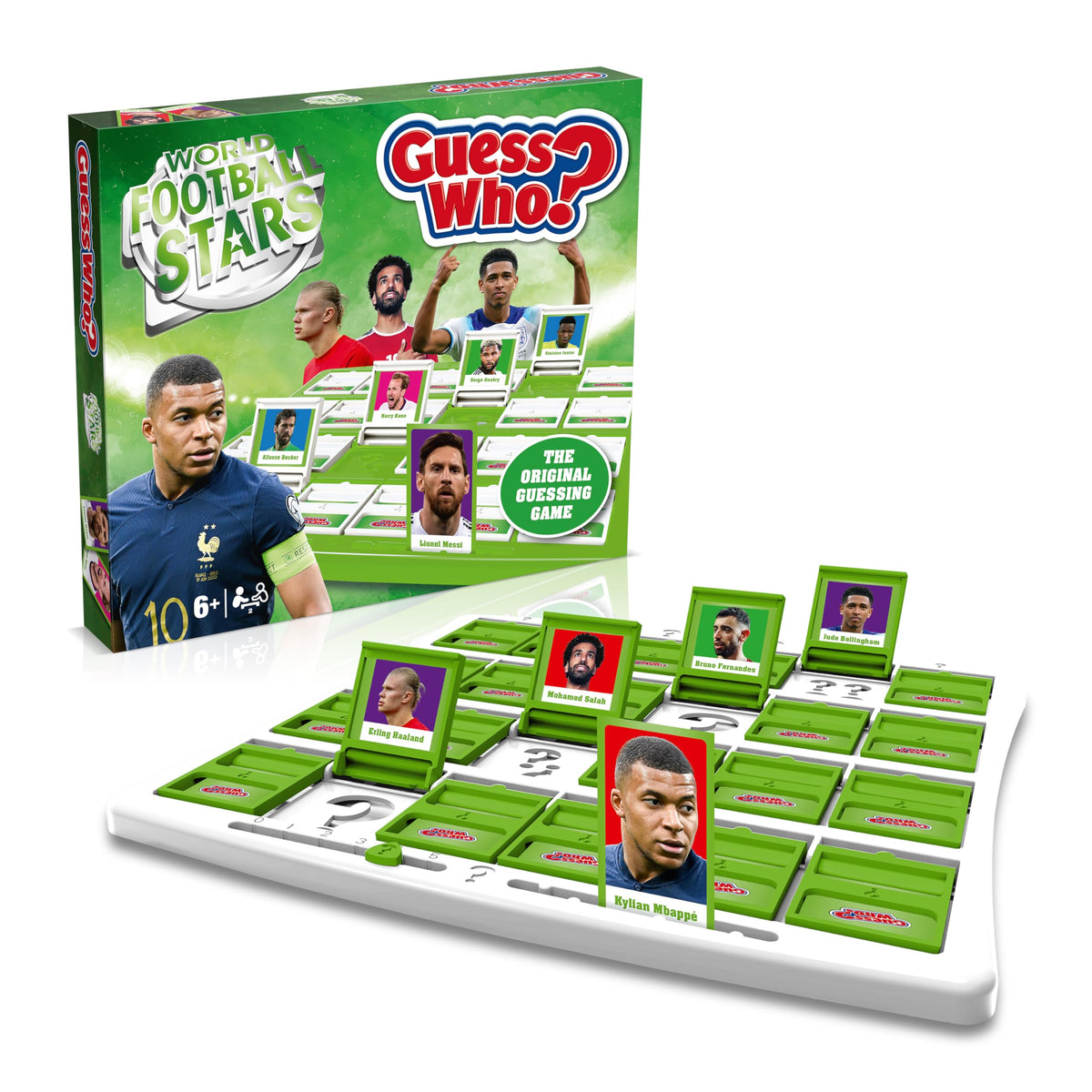 Winning Moves World Football Stars Guess Who? cards showcase Messi and Ronaldo for player recognition