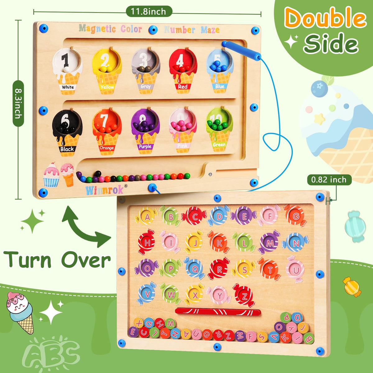 Winnrok magnetic maze board with alphabet color side for letter recognition and color sorting.