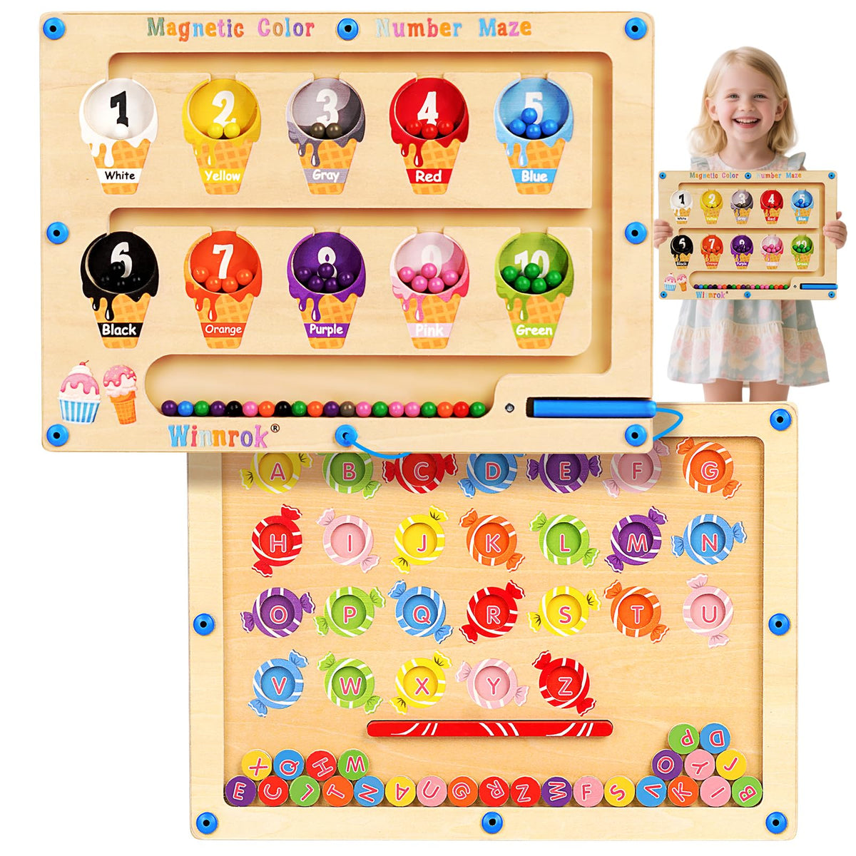 Winnrok magnetic maze board shows number and color side for early math learning.