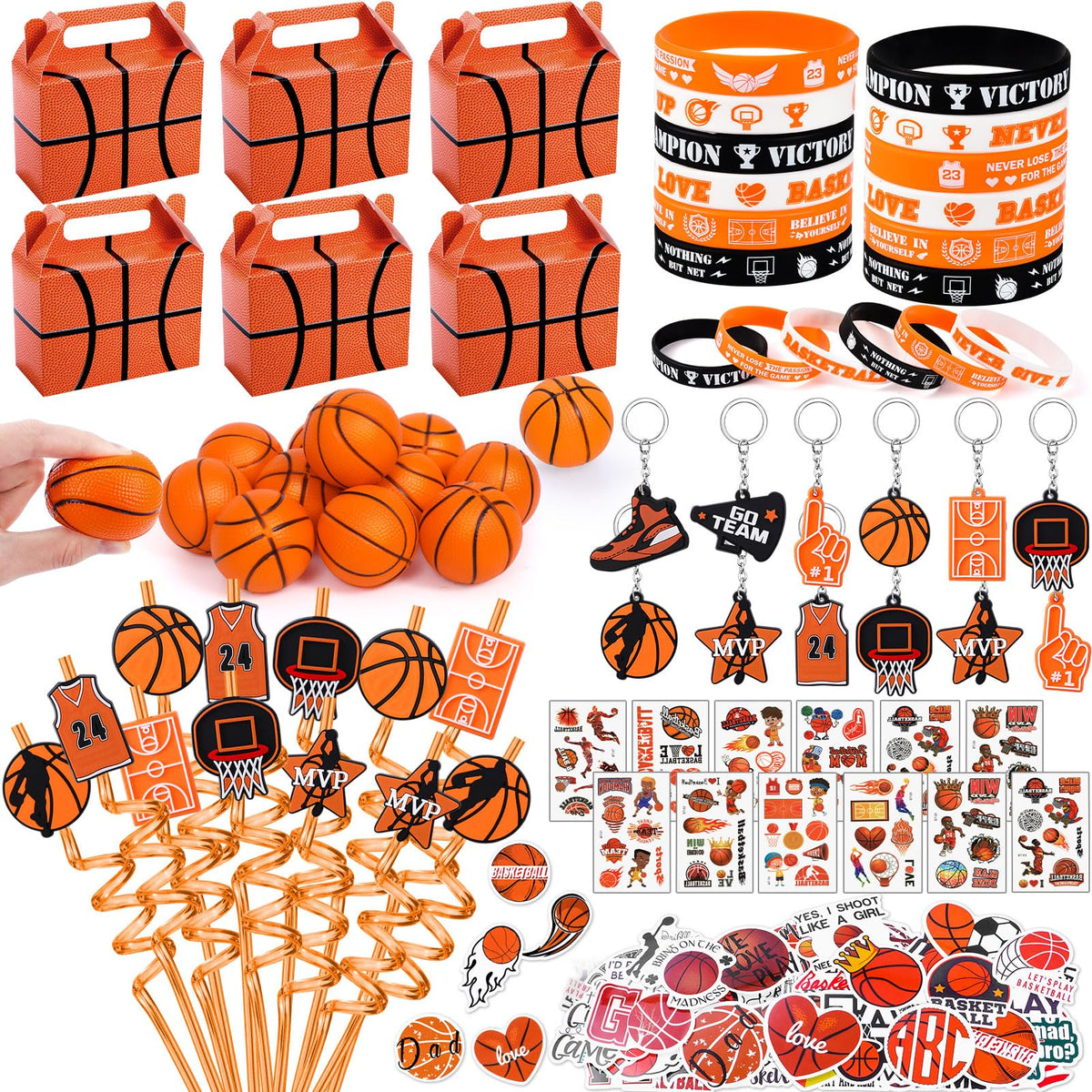 Winrayk 122Pcs basketball gift bags, vibrant and organized party favors.