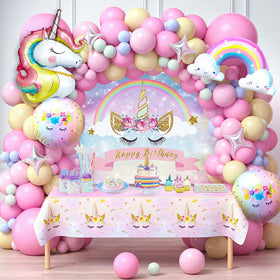 Winrayk pink unicorn balloon arch for a magical birthday backdrop.