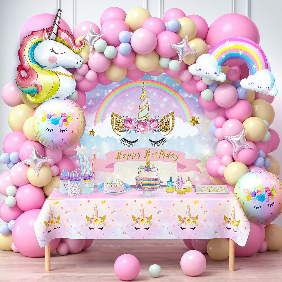 Winrayk pink unicorn balloon arch for a magical birthday backdrop.