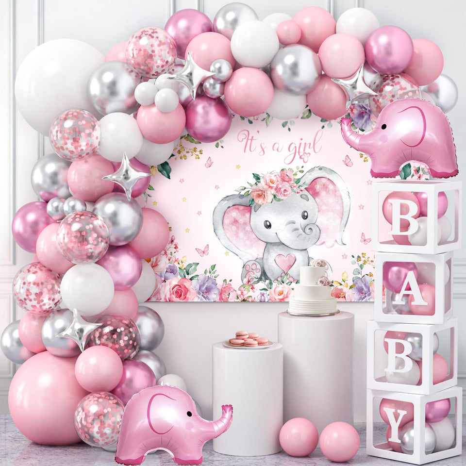 Winrayk elephant baby shower boxes decorate a centerpiece for adorable photos.