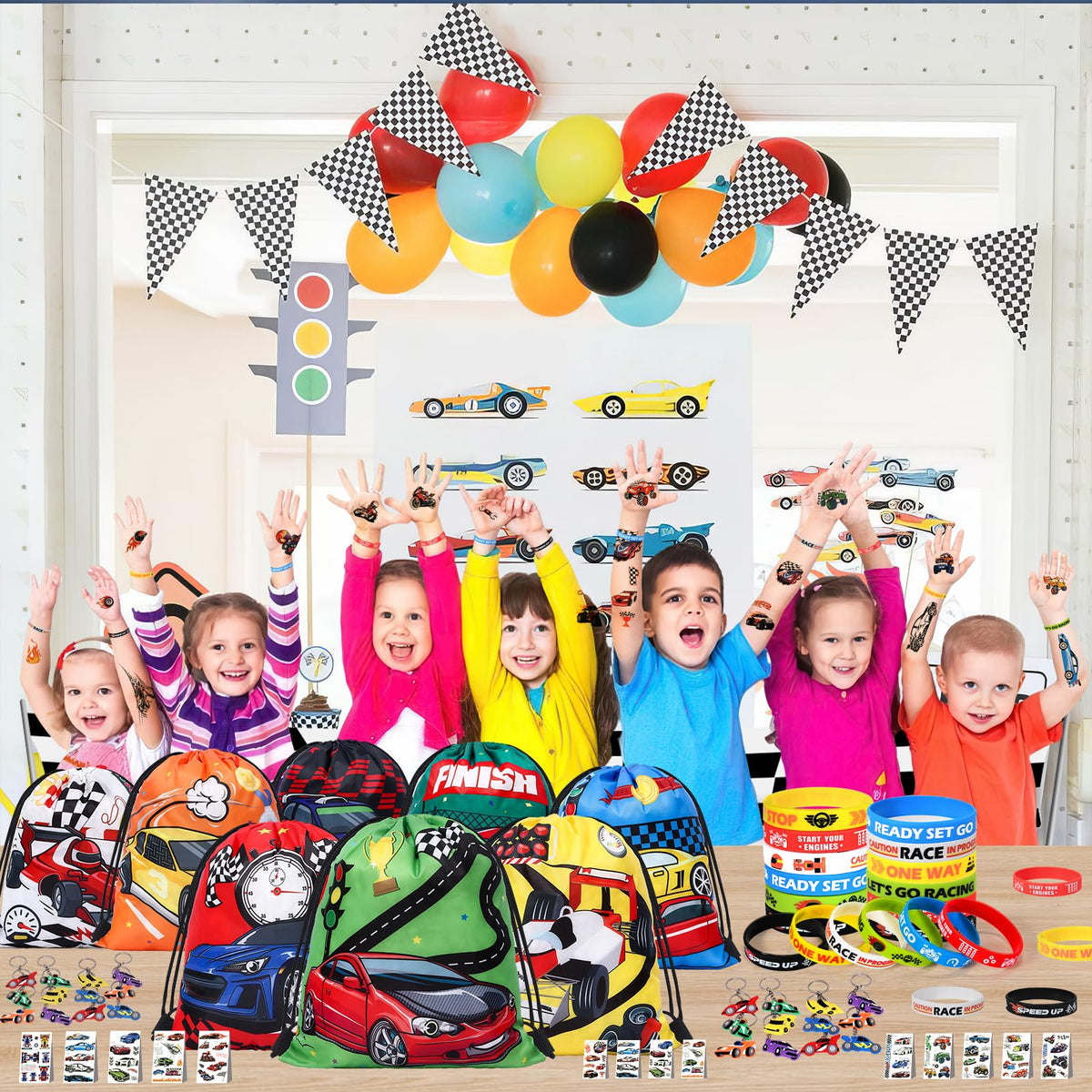 Winrayk racing flag-pattern decorations unify the party styling
