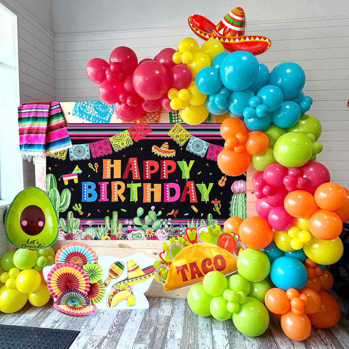 Winrayk taco foil balloon adds iconic fiesta flair.