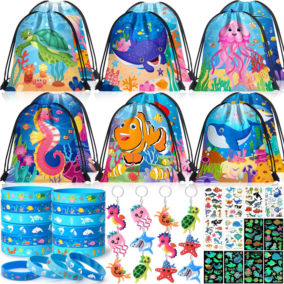 Winrayk under the sea drawstring bags with front/back ocean patterns, ideal party favors.