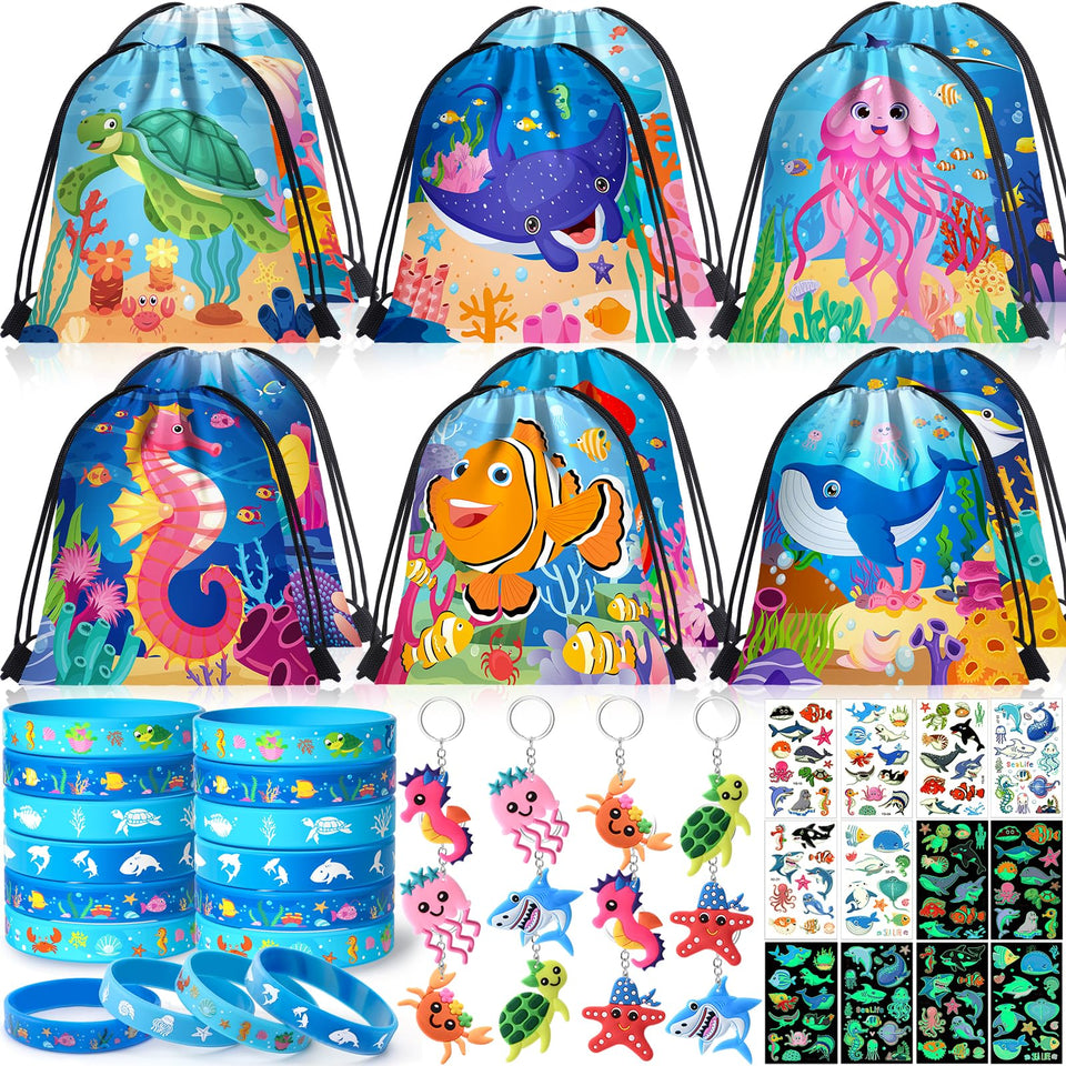 Winrayk under the sea drawstring bags with front/back ocean patterns, ideal party favors.