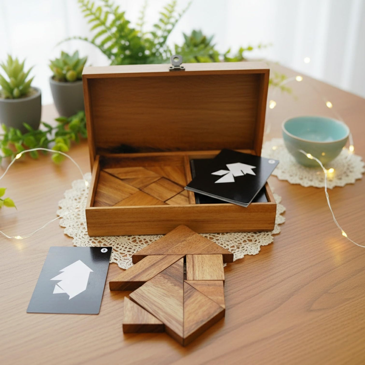 Winshare Tangram Play Cards wooden puzzle guides challenging, fun brain-teasers.