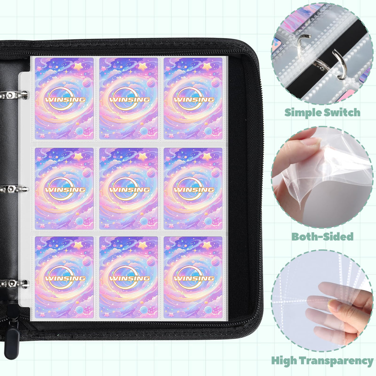 Pocket dimensions 2.63 by 3.66 inches fit standard cards in the Winsing binder.