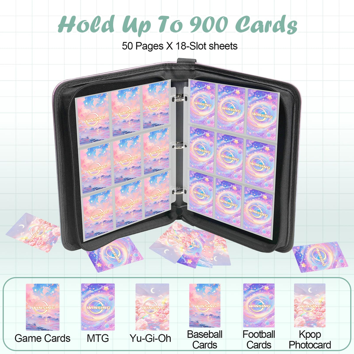 Waterproof PU cover protects cards from moisture and wear in the Winsing binder.