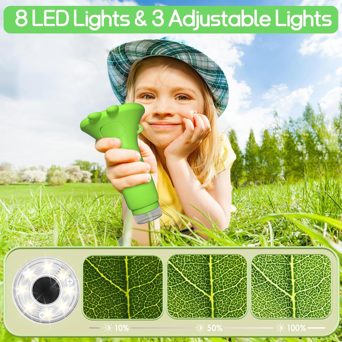 Adjustable focus dial helps crisp, sharp images of tiny specimens.