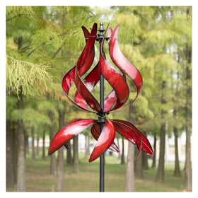 WinWindSpinner tulip wind spinner in burgundy adds dynamic color to sunlit garden
