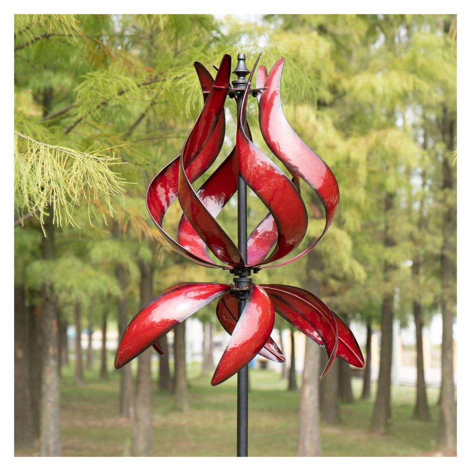 WinWindSpinner tulip wind spinner in burgundy adds dynamic color to sunlit garden