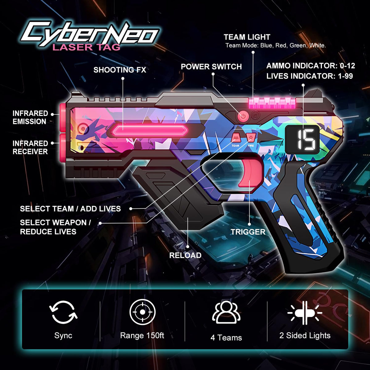 Winyea Tag laser tag with cyberpunk LED lights for standout nighttime play.