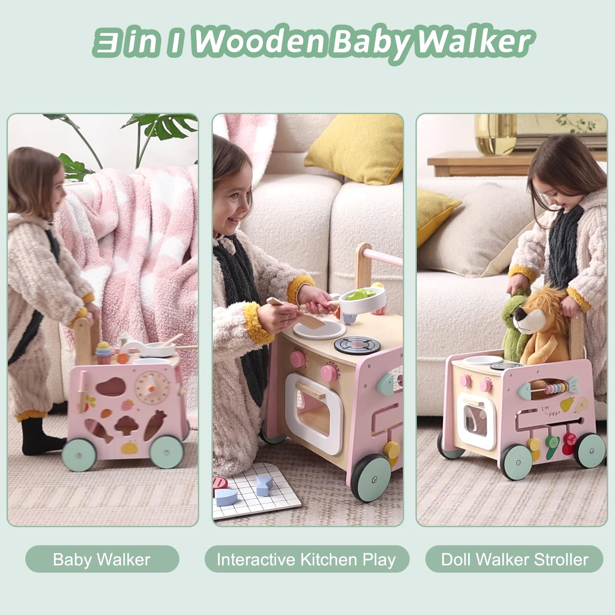 wiqins wooden baby walker front view emphasizing durable materials and wide wheelbase for balance.