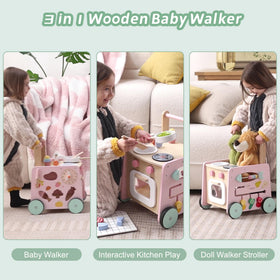 wiqins wooden baby walker front view emphasizing durable materials and wide wheelbase for balance.