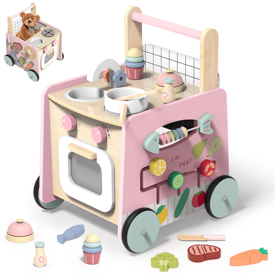 wiqins wooden baby walker side view showing stable push design for early steps.