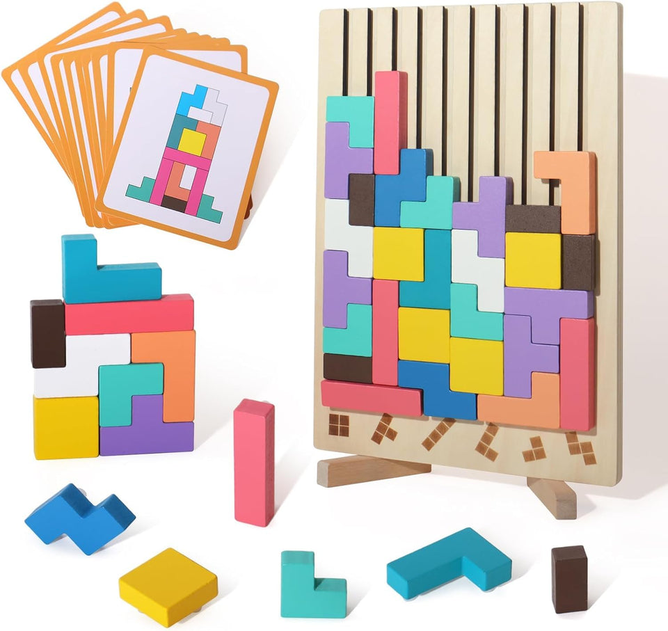 WISBOOK wooden 3D Russian block puzzle for creative stacking and problem-solving.