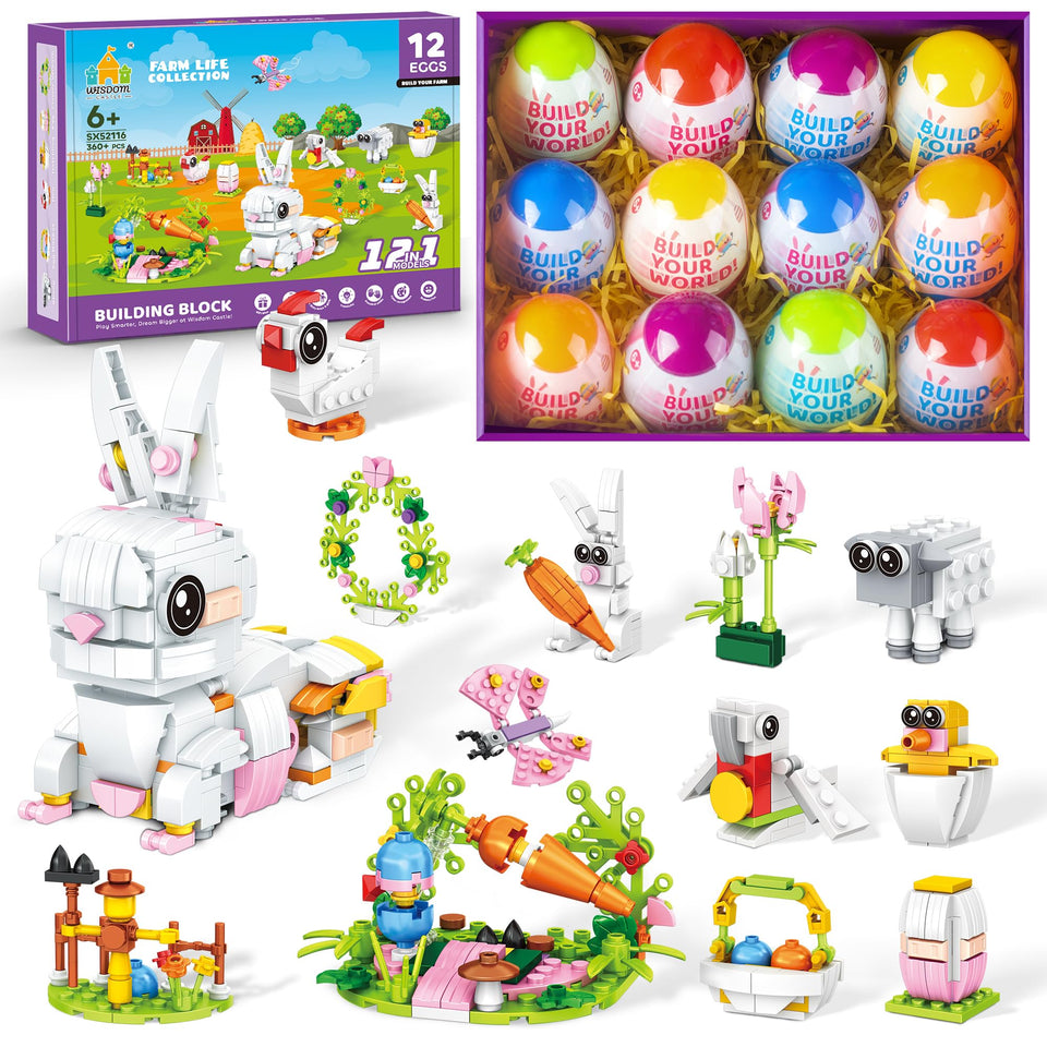 Wisdom Castle Easter Bunny Building Set showcases a 12-in-1 bunny kit for imaginative play.